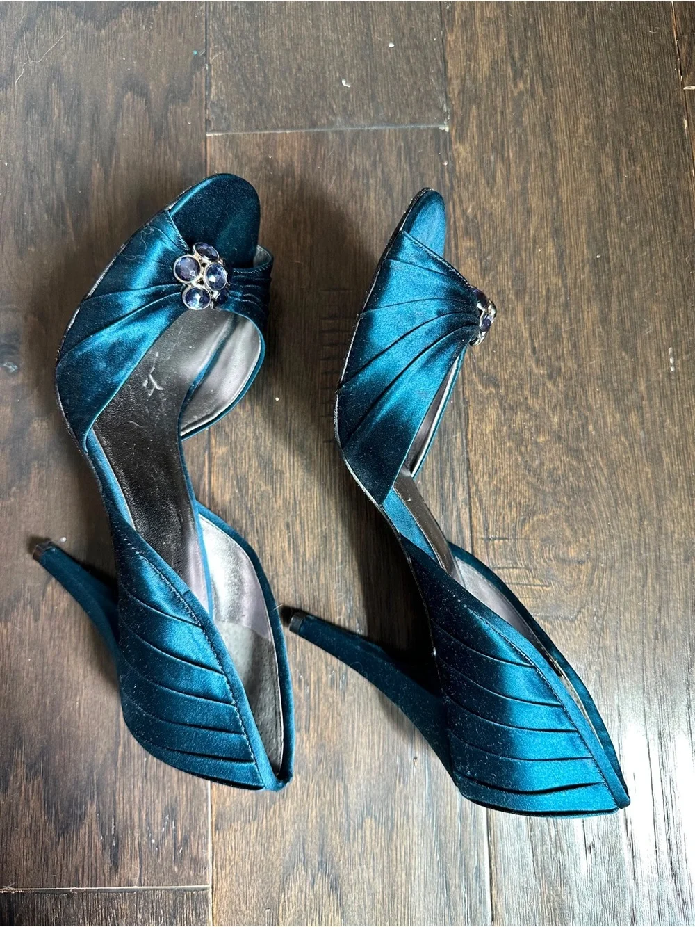 Nine West Teal Satin Peep-Toe Heels with Gem Accent, Size 8